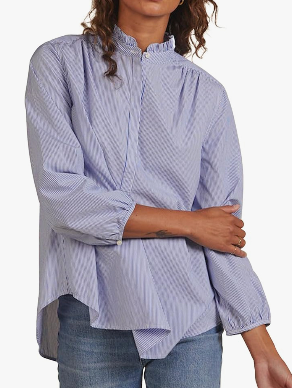 HM Womens Blue White Striped Ruffle Collar Balloon Sleeve Cotton Blouse shirt XL